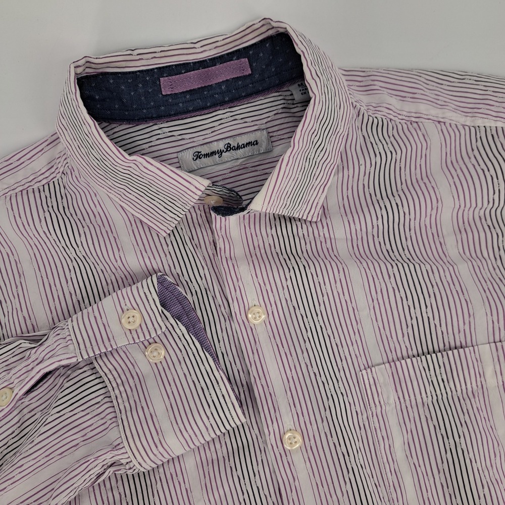Tommy Bahama Mens M Striped Button Down Shirt Geometric Diamond Cotton Silk